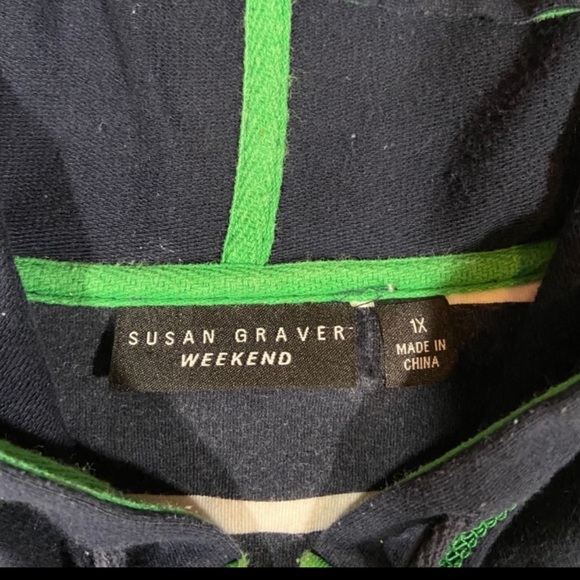 Susan Graver Floral Striped Zip Up Hooded Sweatshirt  1X Large Navy Blue Green - Picture 5 of 5